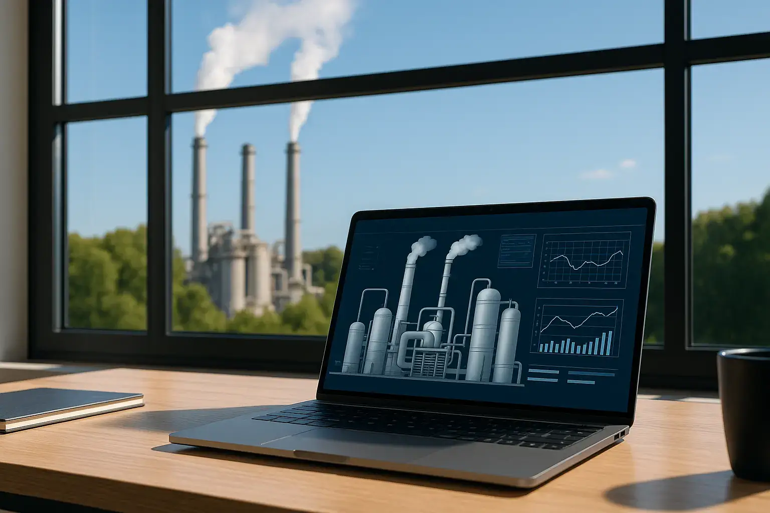 Oficina acristalada con PC con chimeneas que le sale humo blanco