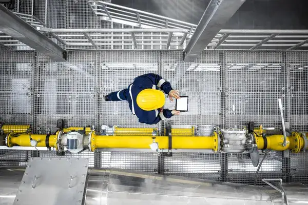 operator in a factory on a scaffold doing technical reviews