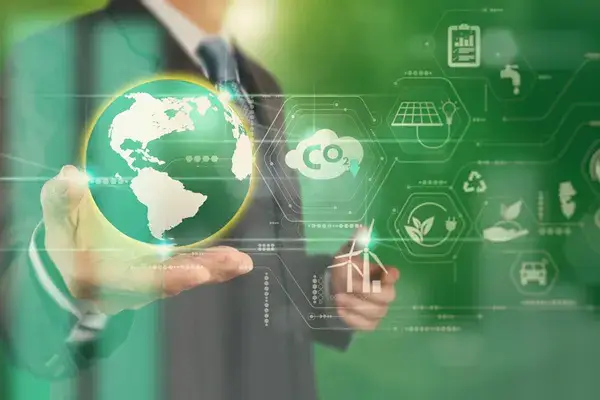 Man in a gray suit extending his hand forward with a world in the palm of his hand to the left and with mediaombiental icons to the right.