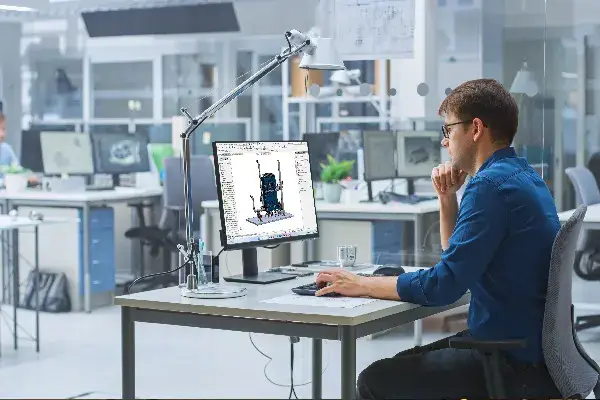 Man sitting at a table with a computer. engineering and design