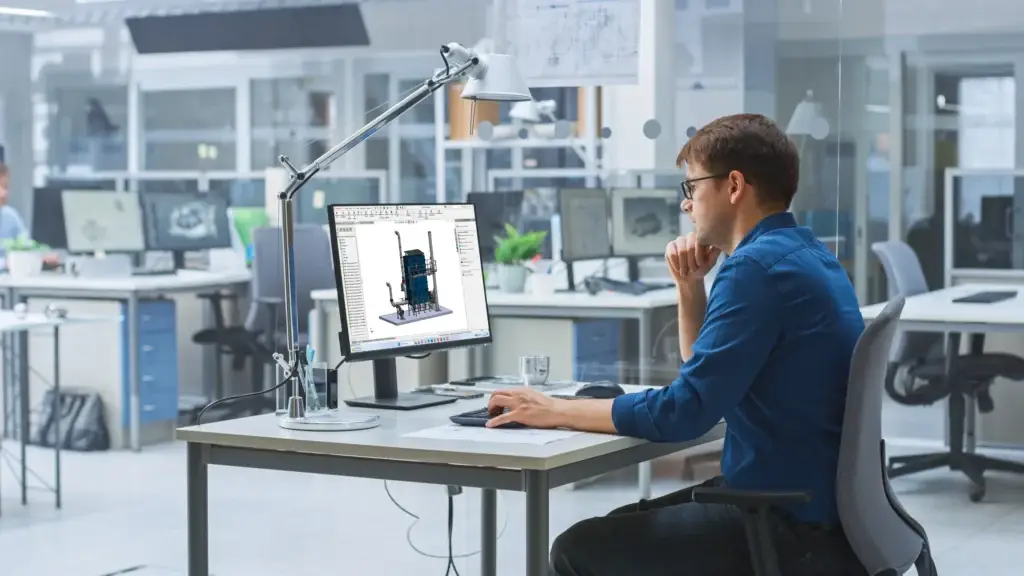 Ingeniero diseñando maquinaria en 3D con software CAD en oficina técnica